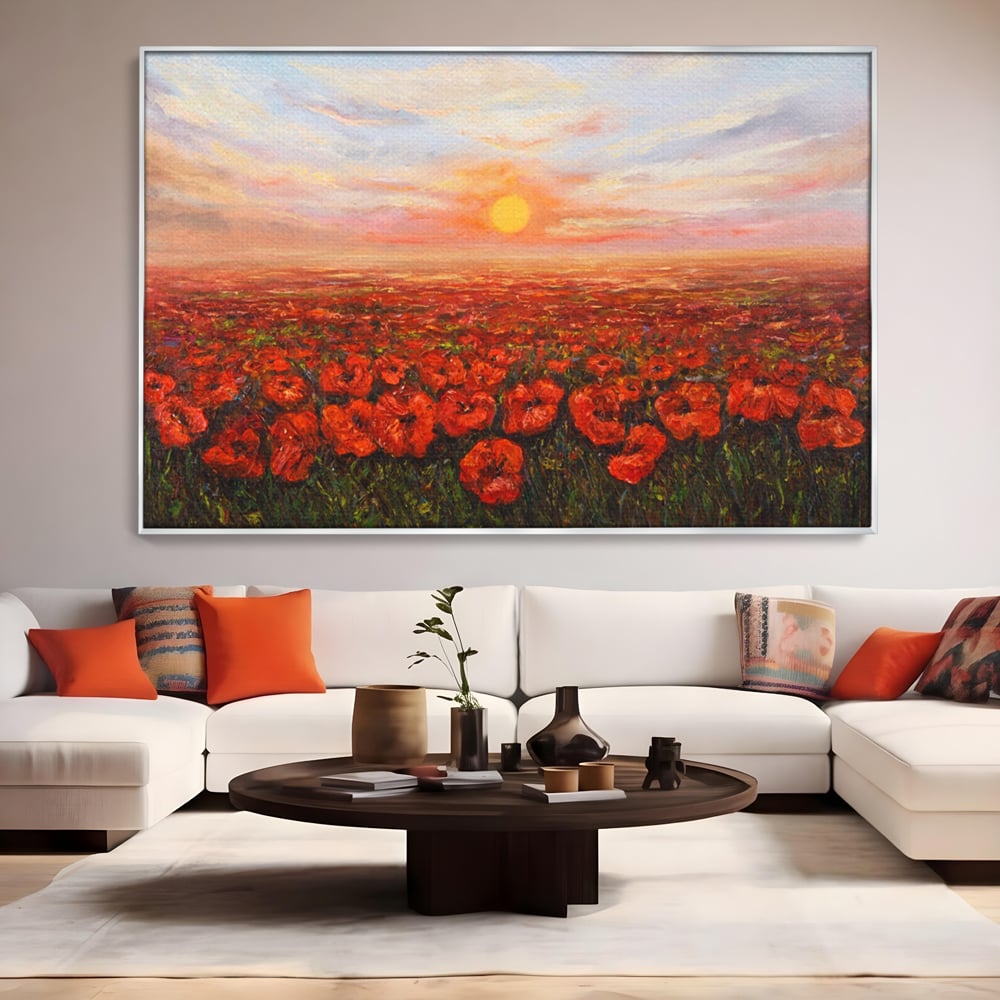 Tablou canvas cu pictura camp cu maci, in rama de aluminiu argintiu, pe perete intr-un living